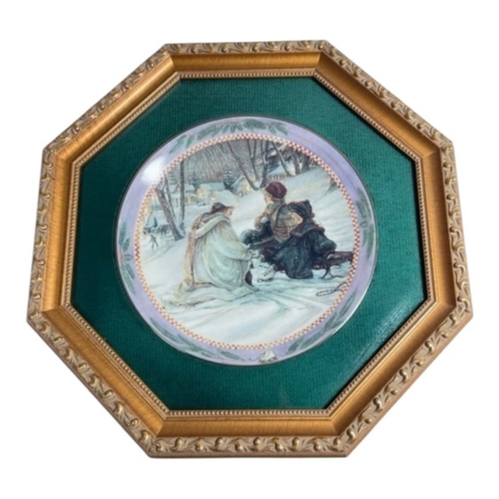 1997 Trisha Romance Evening Skaters Christmas Collector Plate Framed Wall Decor